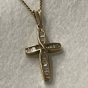 14K Yellow Gold  Baguette Diamond
Cross with Cuban Link Chain 16 “ Necklace